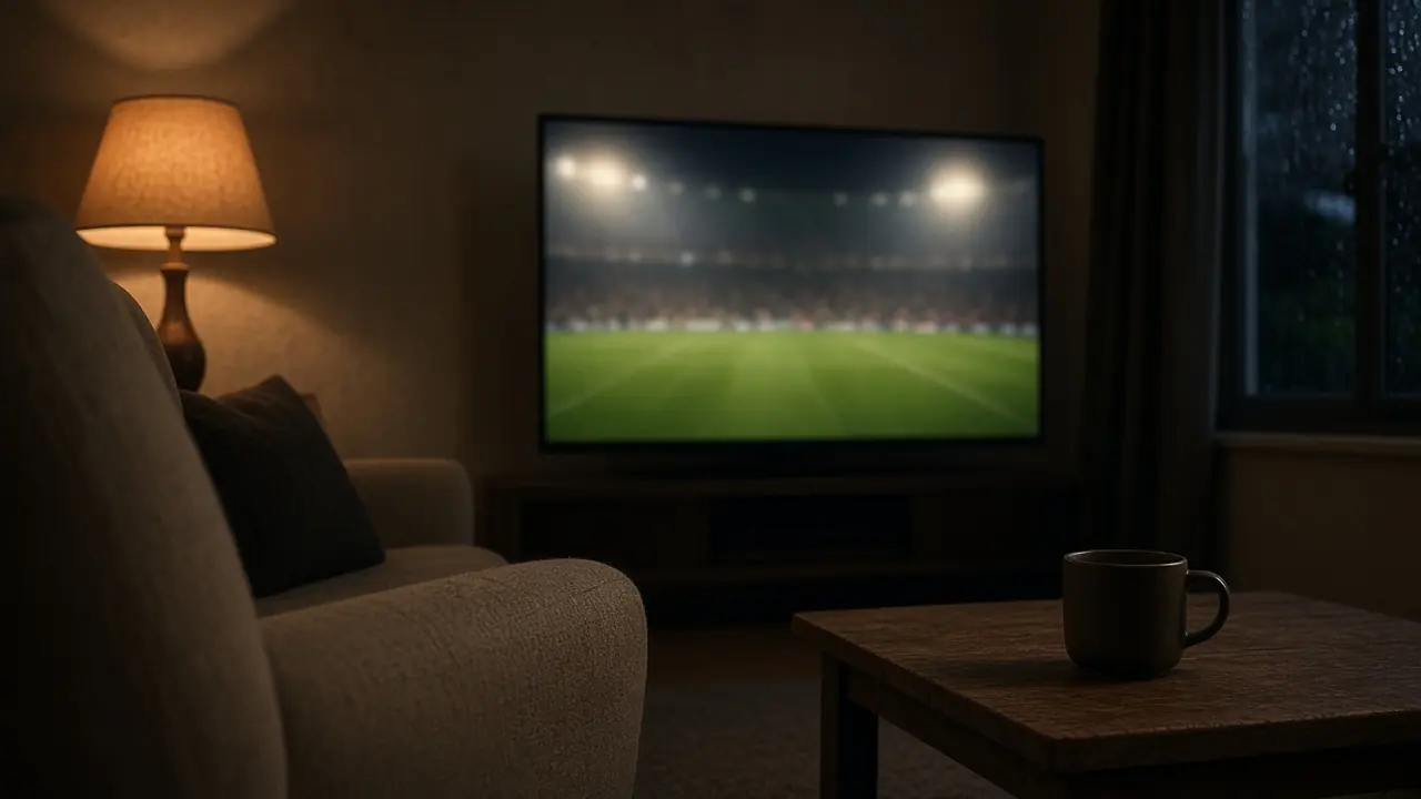 IPTV Camera UK live football match on a living-room TV at night.
