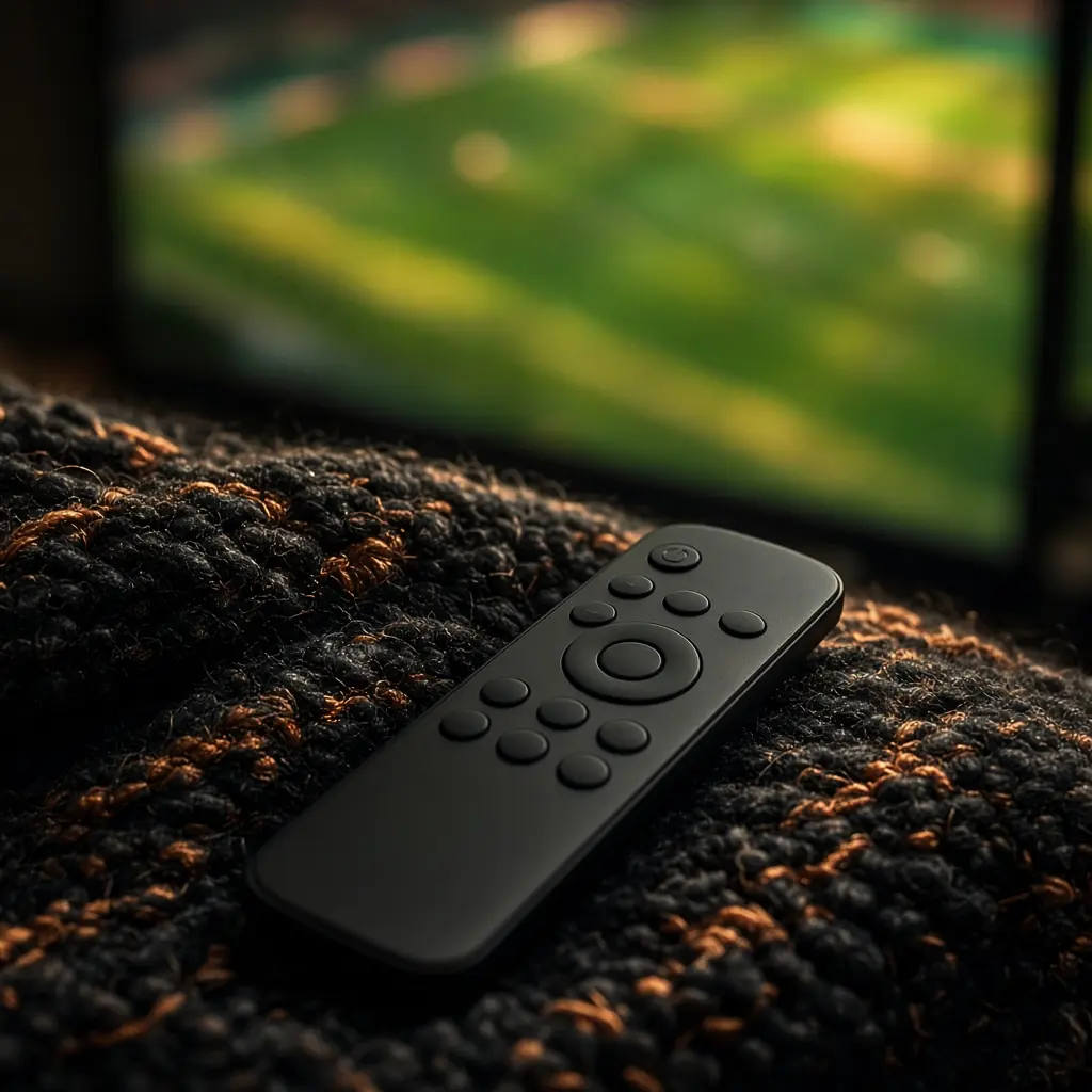 TV remote beside an IPTV Camera live football match on screen.